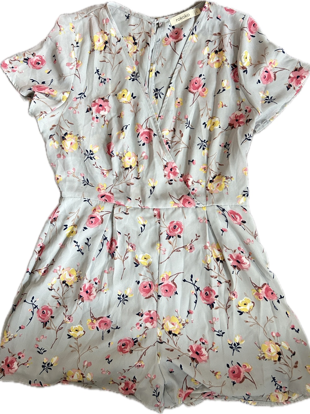 Floral Short Sleeve Romper in Light Gray with Pink & Yellow Blooms